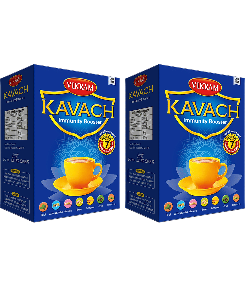 Vikram Kavach Immunity Booster Tea (Box) (Pack of 2) - 250gm + 250gm | Power of 7 Spices (Tulsi, Ashwagandha, Ginseng, Ginger, Cinnamon, Clove, Cardamom)