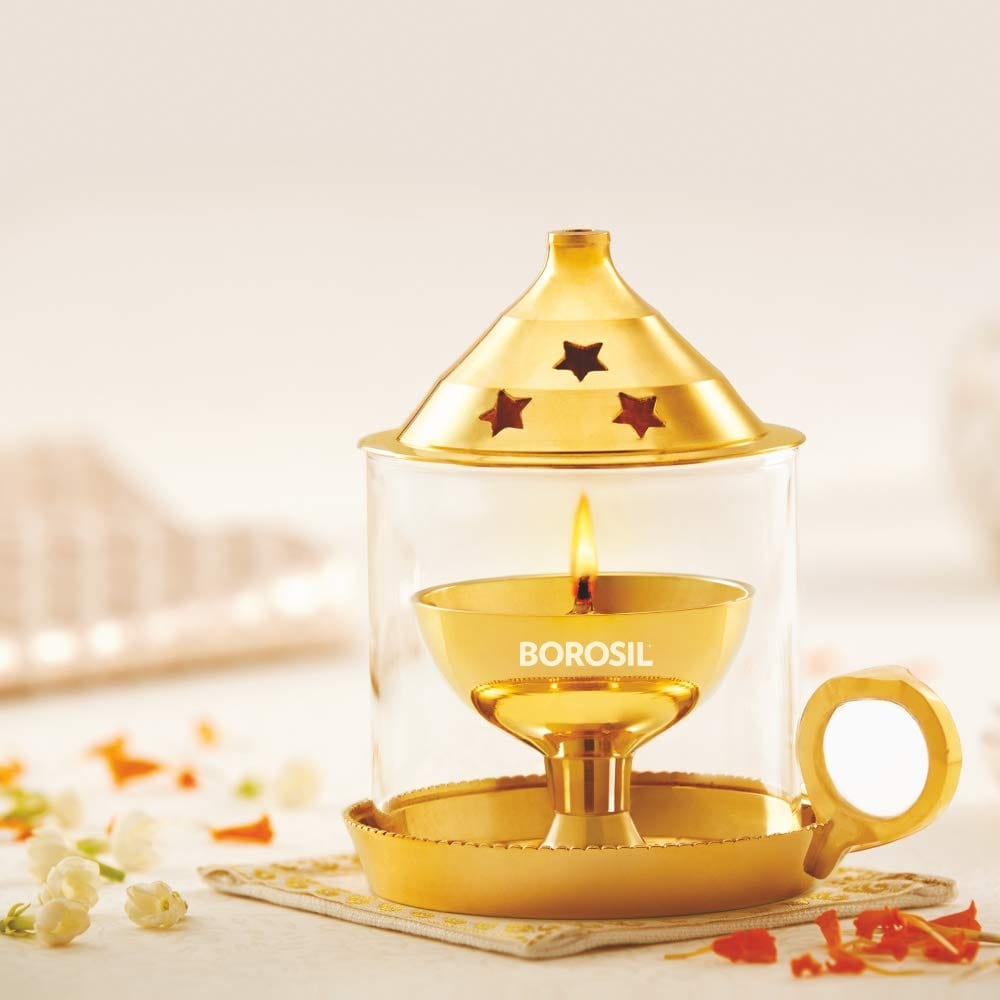 Borosil Small Mangal Diya Decorative Brass Glass Oil Lamp | Tea Light Holder | Diya with Borosilicate Glass | Puja Dia for Mandir | Lantern Diya with Glass Cover