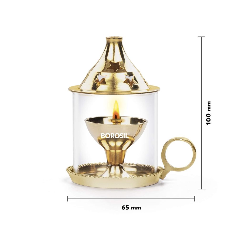 Borosil Small Mangal Diya Decorative Brass Glass Oil Lamp | Tea Light Holder | Diya with Borosilicate Glass | Puja Dia for Mandir | Lantern Diya with Glass Cover