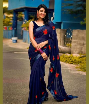 Bhuwal Fashion Georgette Embroidered Saree With Unstitched Blouse Piece ( Blue )