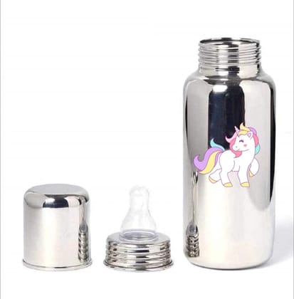 304 Stainless Steel Baby Feeding Bottle – Unicorn Print – 250 ml – Anti-Colic Silicone Nipple