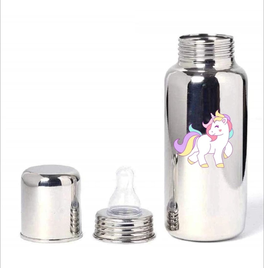 304 Stainless Steel Baby Feeding Bottle – Unicorn Print – 250 ml – Anti-Colic Silicone Nipple