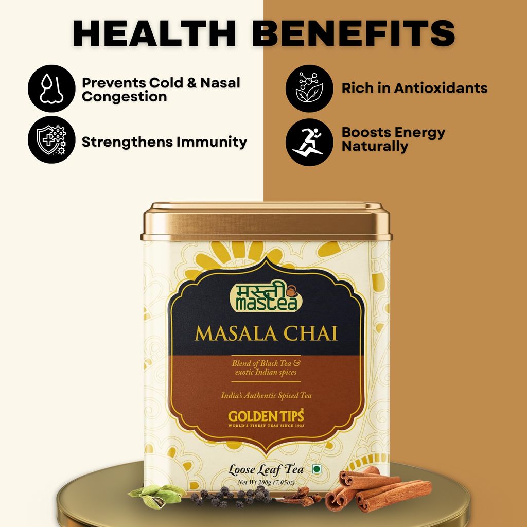 Golden Tips Healthy/ Natural and Organic Loose Leaves Refreshing Masala Chai /Tea Tin can (100 cups, 200 Gram )