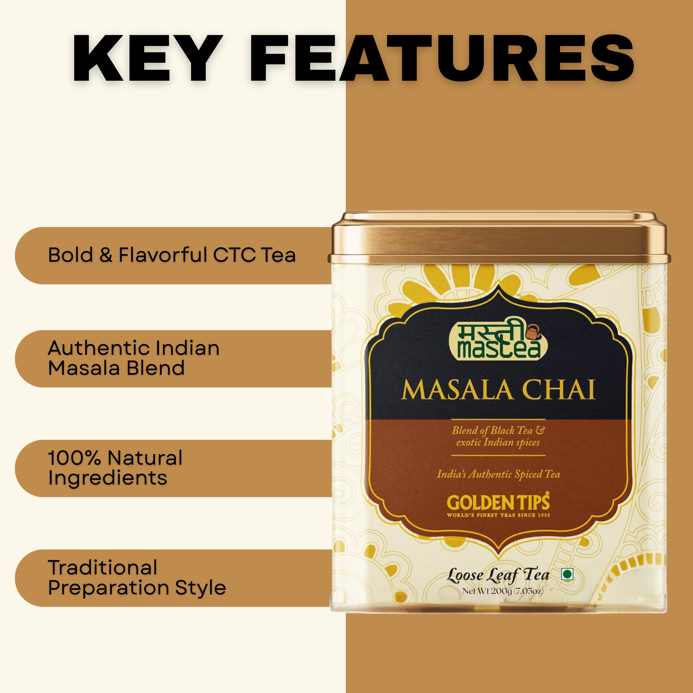 Golden Tips Healthy/ Natural and Organic Loose Leaves Refreshing Masala Chai /Tea Tin can (100 cups, 200 Gram )