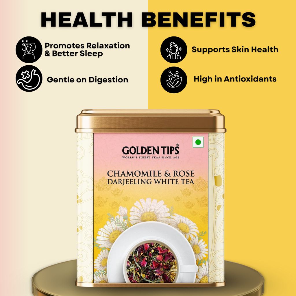 Golden Tips Chamomile & Rose Darjeeling White Tea – Handcrafted White Tea with Rose Petals & Chamomile – Refreshing, Floral Tasting Tea for Peaceful, Relaxing Moments (50 Gram- 25 Cups)