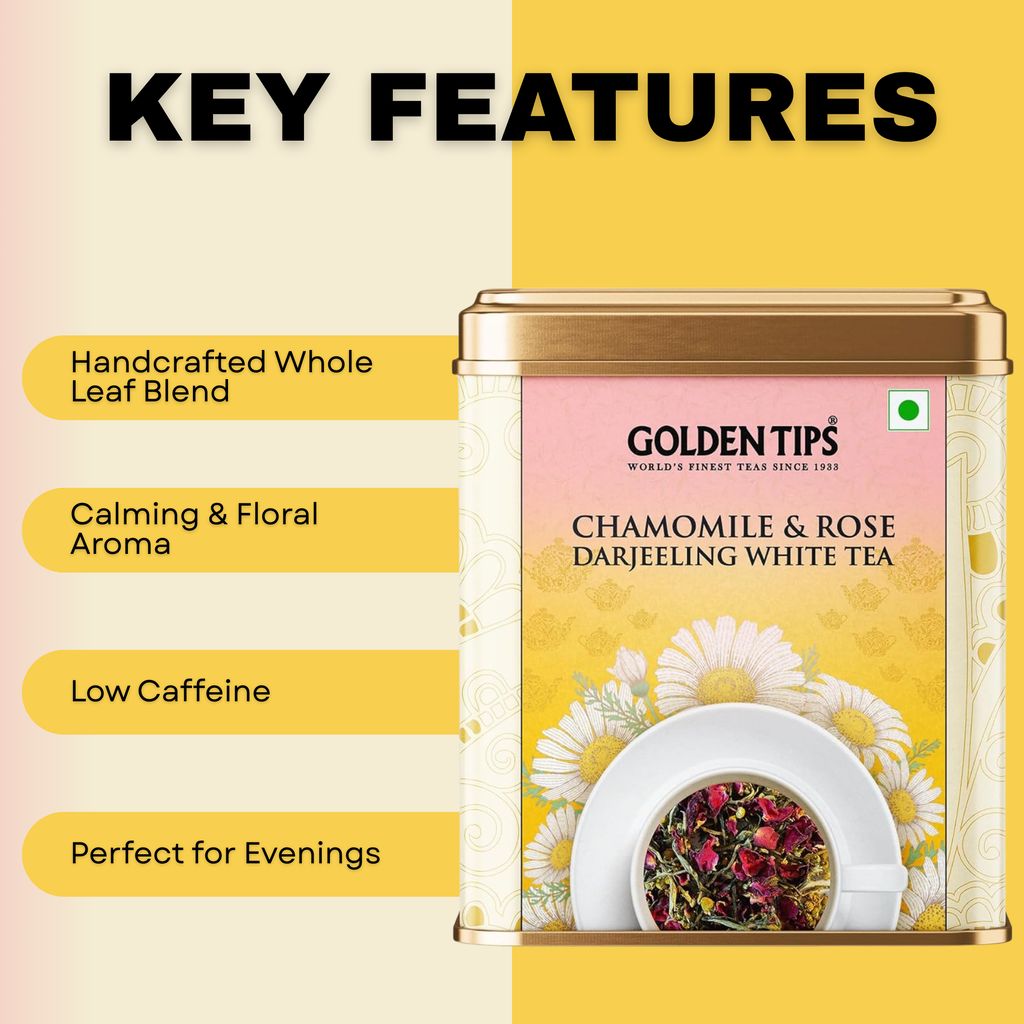 Golden Tips Chamomile & Rose Darjeeling White Tea – Handcrafted White Tea with Rose Petals & Chamomile – Refreshing, Floral Tasting Tea for Peaceful, Relaxing Moments (50 Gram- 25 Cups)