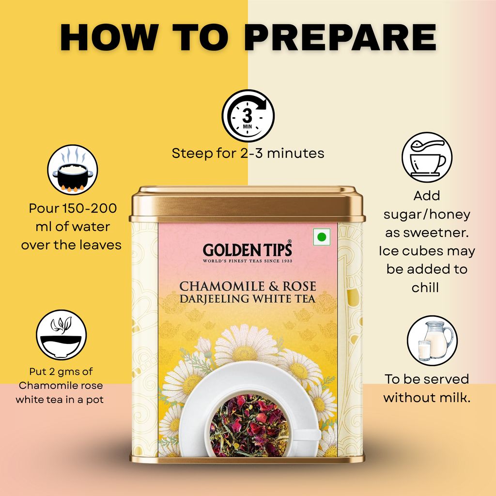 Golden Tips Chamomile & Rose Darjeeling White Tea – Handcrafted White Tea with Rose Petals & Chamomile – Refreshing, Floral Tasting Tea for Peaceful, Relaxing Moments (50 Gram- 25 Cups)