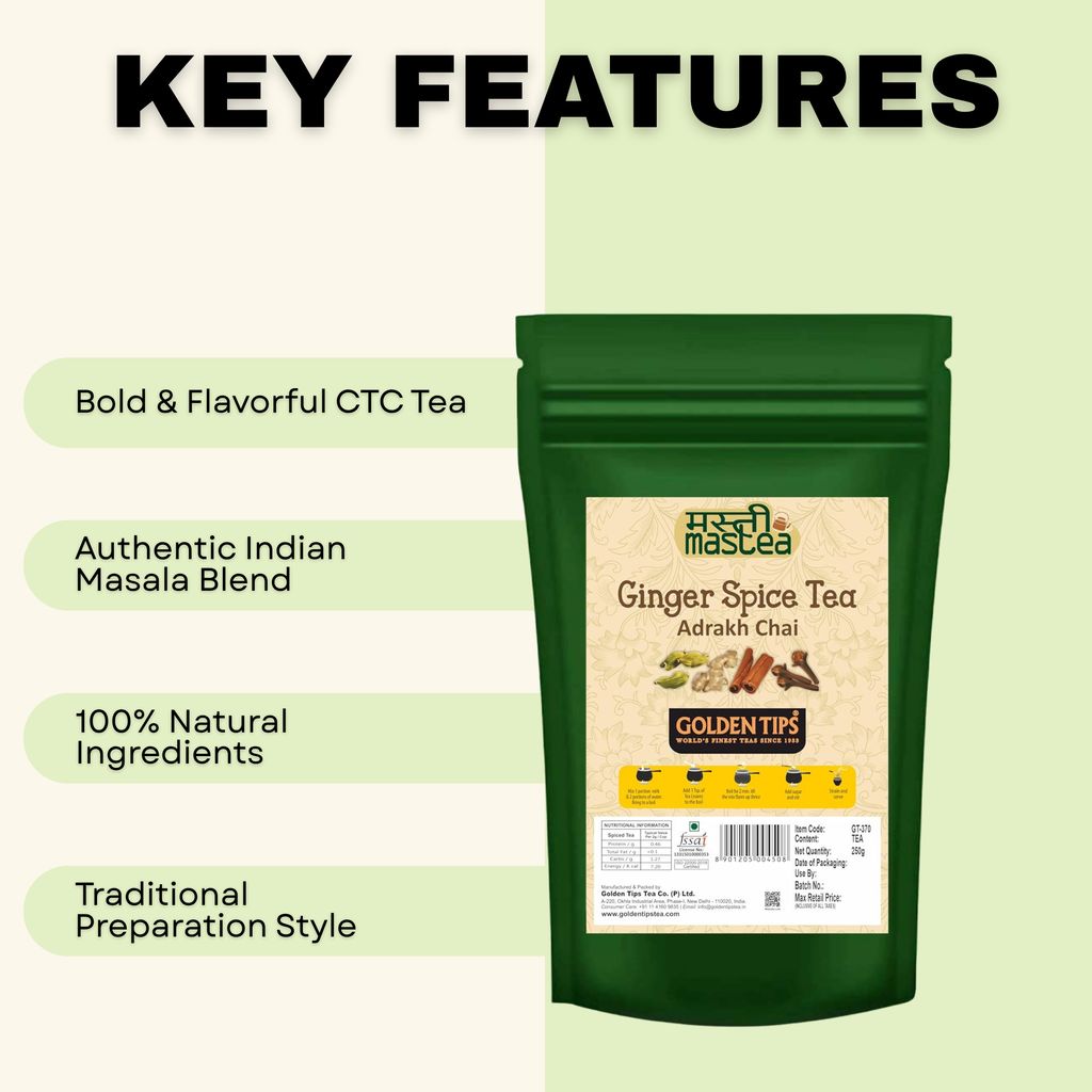 Golden Tips Loose Leaves Masala Tea Blended with Cardamom, Cinnamon, Cloves and Ginger Exotic Chai (250 Gram, 125 cups)