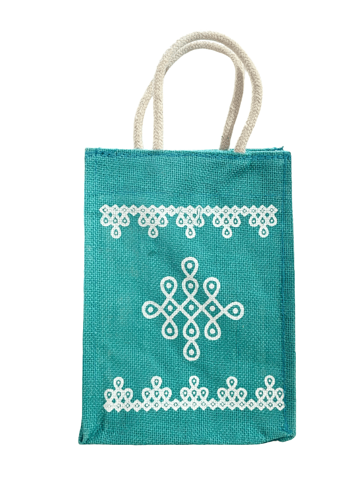 Teal Jute Tote Bag with White Design - Eco-Friendly & Stylish