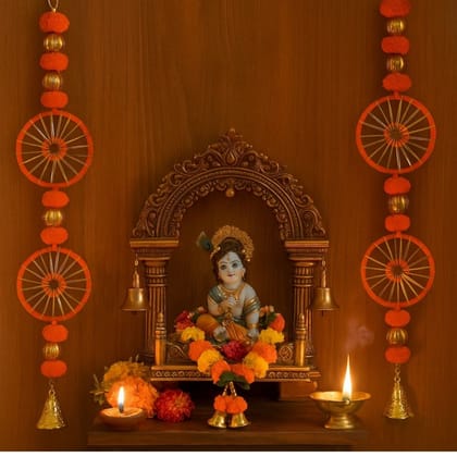 Wanna Party Pack of 2 Festive Orange Colored Ring and Bell Hangings with Marigold Pom Poms for Home Decoration, Door Toran,Pooja Room Backdrop,Diwali, Janmashthami,Ganesh Chaturthi, Navratri ,Annaprashan Decor, Haldi Mehandi Ceremony and more (3 Ft Long)
