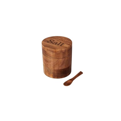SHYAMA HOMES Wooden Salt Cellar | Salt Box with Detachable Magnetic Lid and Spoon, Round Container ((Small- 3.5 X 3.2 INCH)