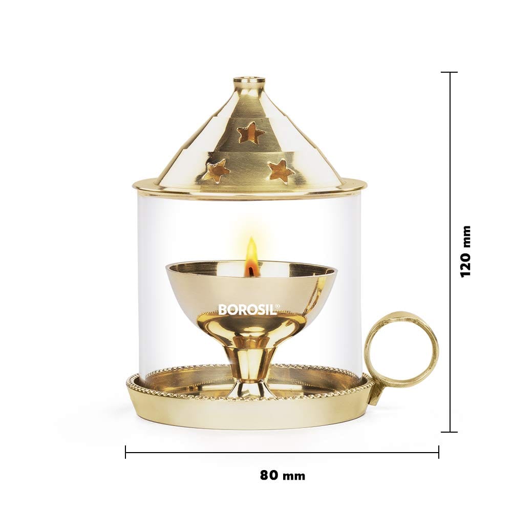 Borosil Medium Size Mangal Diya Decorative Brass Glass Oil Lamp | Tea Light Holder | Diya with Borosilicate Glass | Puja Dia for Mandir | Lantern Diya with Glass Cover
