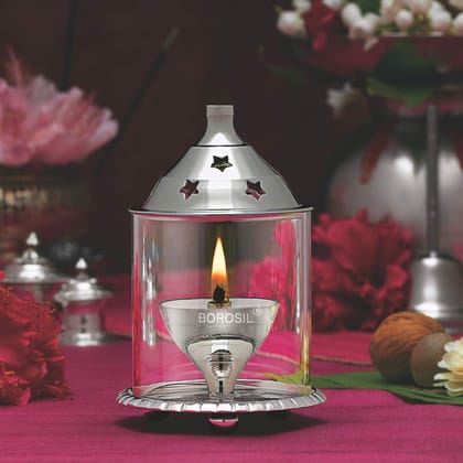 Borosil Small Size Akhand Diya Decorative Nickel Glass Oil Lamp | Diya with Borosilicate Glass Nickel Diya