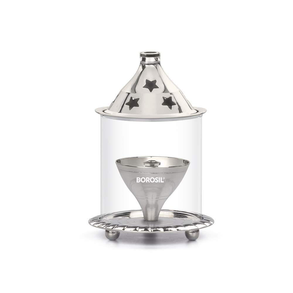 Borosil Small Size Akhand Diya Decorative Nickel Glass Oil Lamp | Diya with Borosilicate Glass Nickel Diya