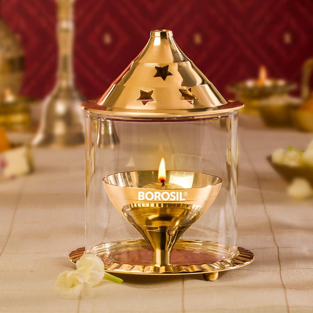 Borosil Borosilicate Glass Akhand Diya (Medium, Brass)