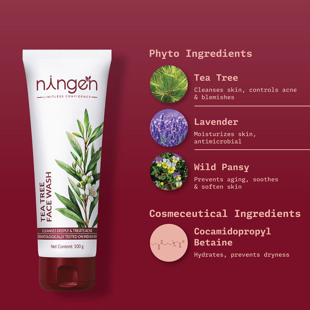 Ningen Tea Tree Face Wash I Infused with Lavender and Wild Pansy Extracts I Irritation Free, Paraben Free I For Skin Blemishes and Scars I 120g, White