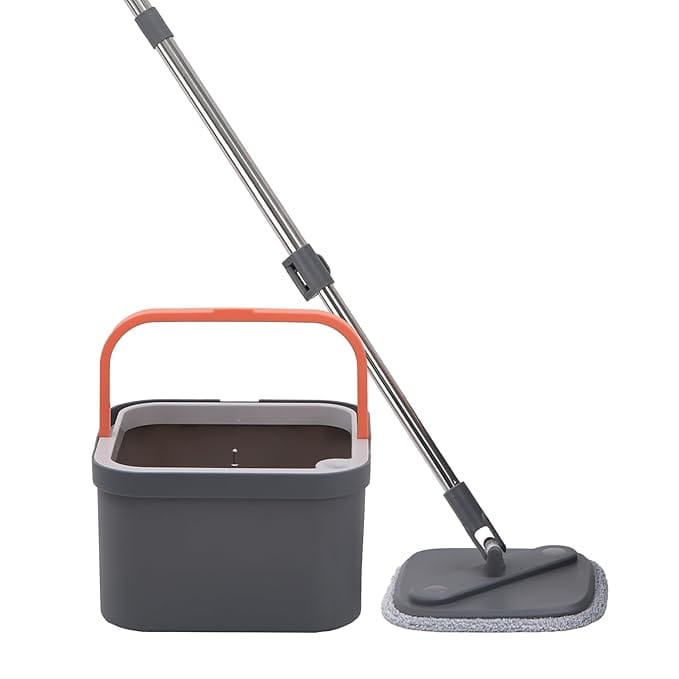 360° Spin Mop with Square Bucket Deluxe System Set and Reusable Microfiber Pads for Wet & Dry Glass, Wall, Tile and Home Floor Cleaning - Grey and Orange