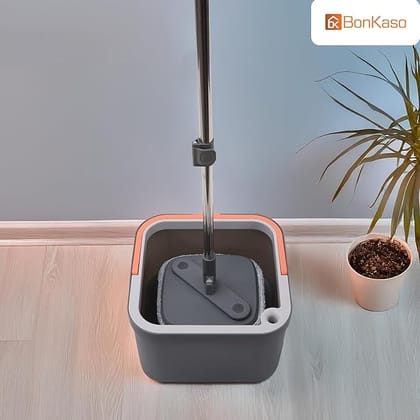 360° Spin Mop with Square Bucket Deluxe System Set and Reusable Microfiber Pads for Wet & Dry Glass, Wall, Tile and Home Floor Cleaning - Grey and Orange