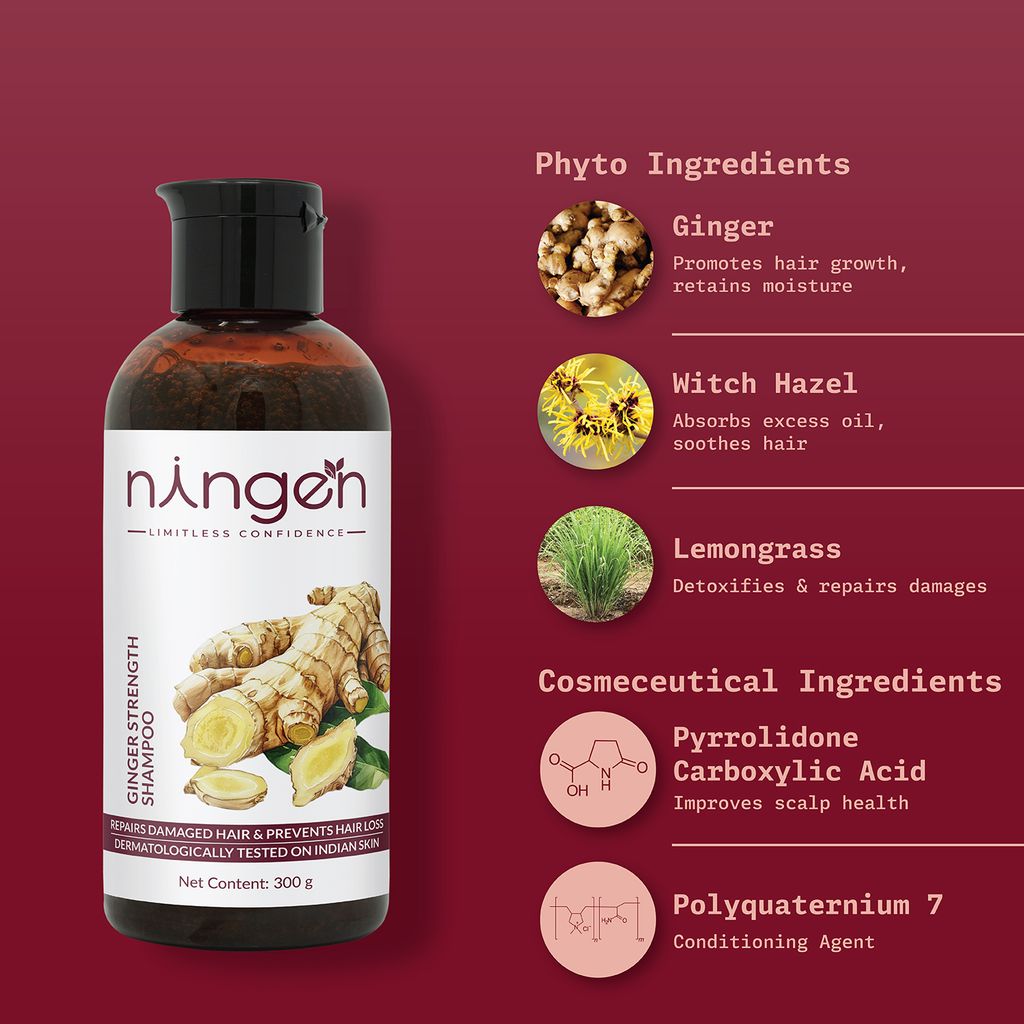 Ningen Ginger Hair Shampoo I Enriched with Witch Hazel, Lemongrass I Irritation Free, Paraben Free I Stimulates Hair Growth and Treats Dandruff I 300g