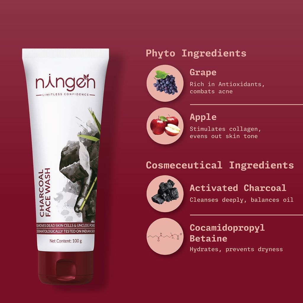 Ningen Charcoal Face Wash I Goodness of Grapes and apple I Dermatologically Tested, Paraben Free I Wards Off Skin Impurities, Anti Pollution I 120g, White