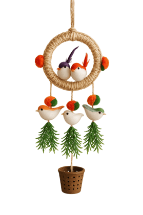 hanging bird ornament featuring a jute-wrapped circular frame hanging bird ornament featuring a jute-wrapped circular frame