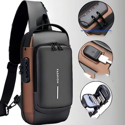 WUGO::Waterproof Polyester Slim Unisex Crossbody Sling Bag | Anti-Theft Chest Backpack with Hard Shell & Password Lock | Shoulder Bag for Men & Women 