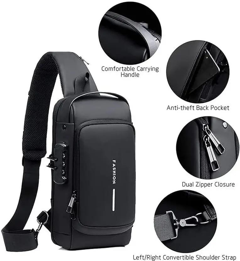 WUGO::Slim Waterproof Polyester Unisex Cross body Sling Bag | Anti-Theft Shoulder & Chest Backpack with Hard Shell Password Lock for Men & Women