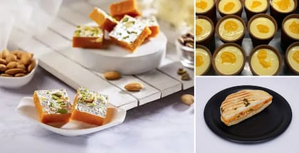 1 x Moong Dal Burfi, 2 x Paneer Stuffed Kulcha, 1 x Mango Lassi