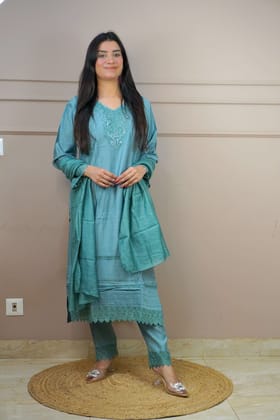 Mint Green Colour Lace Work Pakistani Kurta Set with Pant & Dupatta-XL / Mint Greens