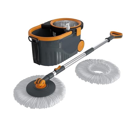 Stainless Steel Wringer Spin Mop with Big Wheels with 2 Microfiber Refills | 360° Rotating Mop & Adjustable Handle Gray & Orange