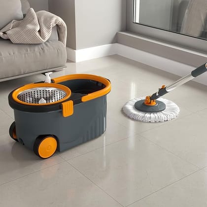 Stainless Steel Wringer Spin Mop with Big Wheels with 2 Microfiber Refills | 360° Rotating Mop & Adjustable Handle Gray & Orange