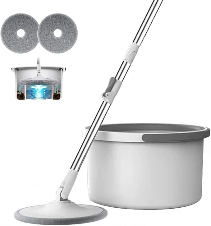 Heavy Quality Spin Mop for Floor Cleaning with Bucket Deluxe System 360ยฐ Flexible Mop Head with ๐๐๐ฅ๐ ๐๐๐ฉ๐๐ซ๐๐ญ๐ข๐จ๐ง Dirty and Clean Water System 2Pcs Reusable Microfiber PadใGreyใ