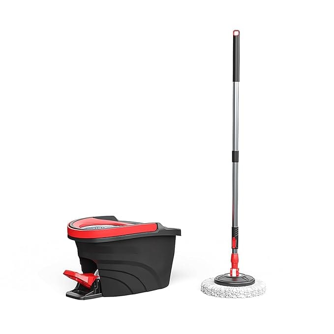 360° Spin Mop with Bucket |Dual Drive Floor Cleaning System with Stainless Steel Wringer |Super Absorbent Microfiber Heads 2 Refills Easy Self-Wringing Mop Set for Home &Office- Black