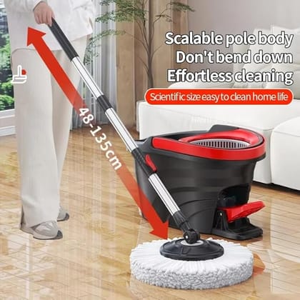 360° Spin Mop with Bucket |Dual Drive Floor Cleaning System with Stainless Steel Wringer |Super Absorbent Microfiber Heads 2 Refills Easy Self-Wringing Mop Set for Home &Office- Black