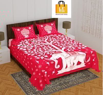 2001-Bedsheet Adda-Pure Cotton Jaipuri Printed Double Bedsheet With 2 Pillow Covers-HATTHI PAD