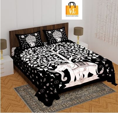 2001-Bedsheet Adda-Pure Cotton Jaipuri Printed Double Bedsheet With 2 Pillow Covers-HATTHI PAD