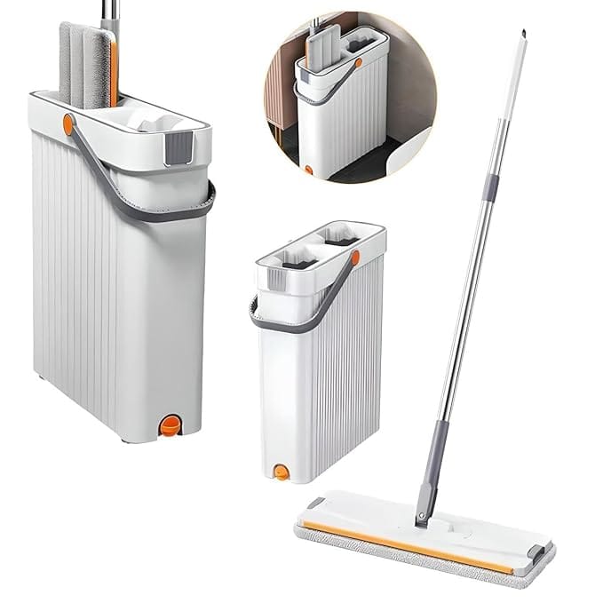 360° Flexible Spin Mop with Wringer & Bucket Deluxe System – Ultimate Floor and Durable Dust Easy to Use Floor Cleaner, for Clothes Handle Sharpening for Home & Kitchen (White, Flate)