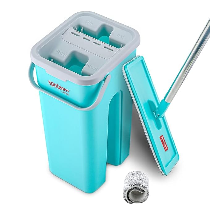 Mini Flat Mop with Bucket 2.8 L, Flexible Kitchen tap Flat Squeeze Bucket System Cleaning Supplies 360 Flexible Head,Pocha for Floor Cleaning with 2 Reusable Pads Clean