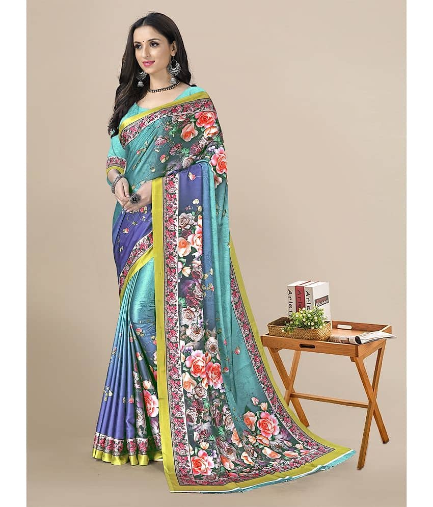 Rekha Maniyar Satin Printed Saree With Unstitched Blouse Piece ( SkyBlue )