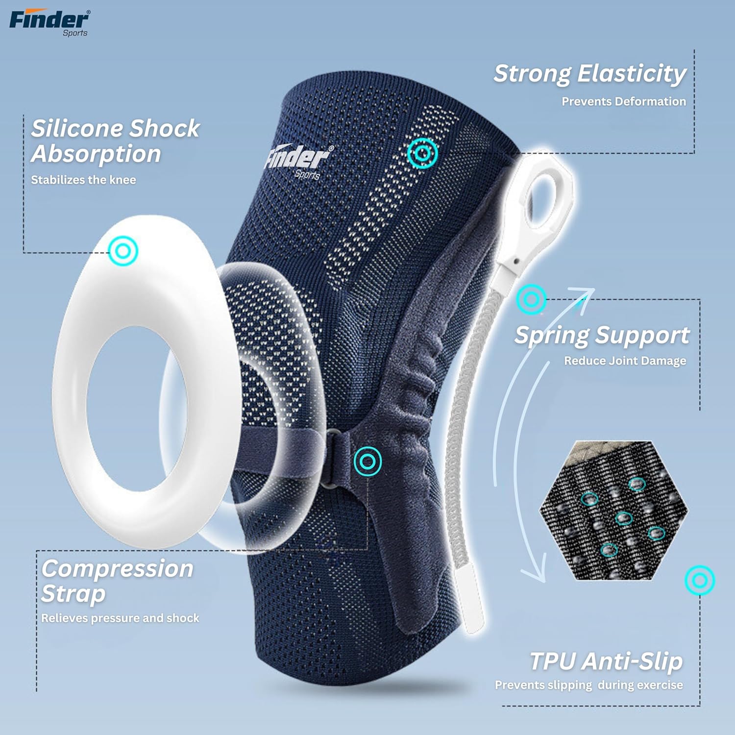 Finder Sports Knee Brace - Silicone Shock Absorption & Compression Strap
