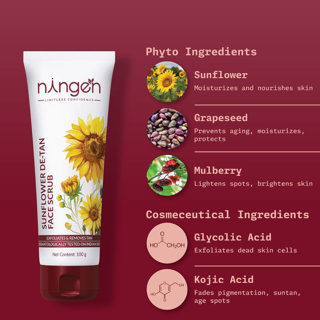 Ningen Sunflower De-Tan Scrub with Walnut Granules | Sunflower De-Tan Formula