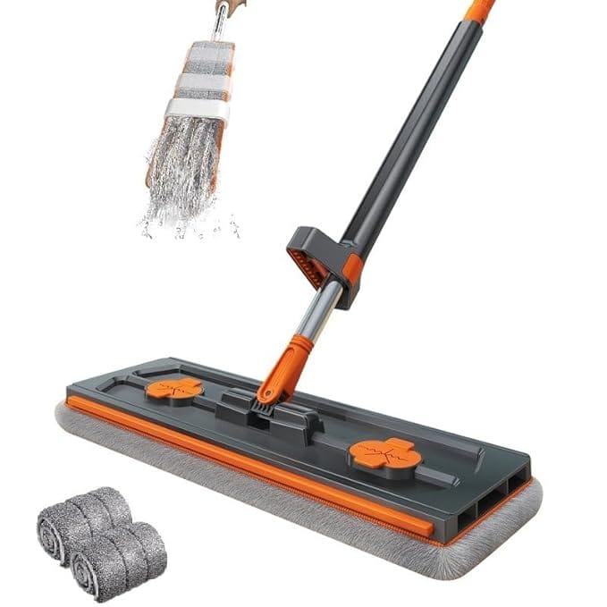 Microfiber Flat Mop for Floor Cleaning Home Hands Free Squeeze Dry and Wet Mopping Bucket Less Mops Pocha Stick 2 Extra Refill Pads with Wiper Mop