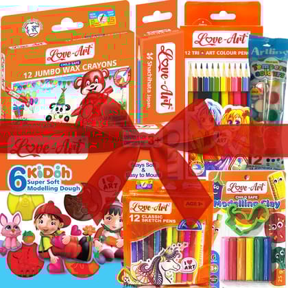 Pre-Primary Colouring Basket – Jumbo Wax Crayons, Modelling Dough, Sketch Pens, Colour Pencils, Tempera Colours, Handwriting Pencils, Modelling Clay – Kids Art & Craft Combo Pack
