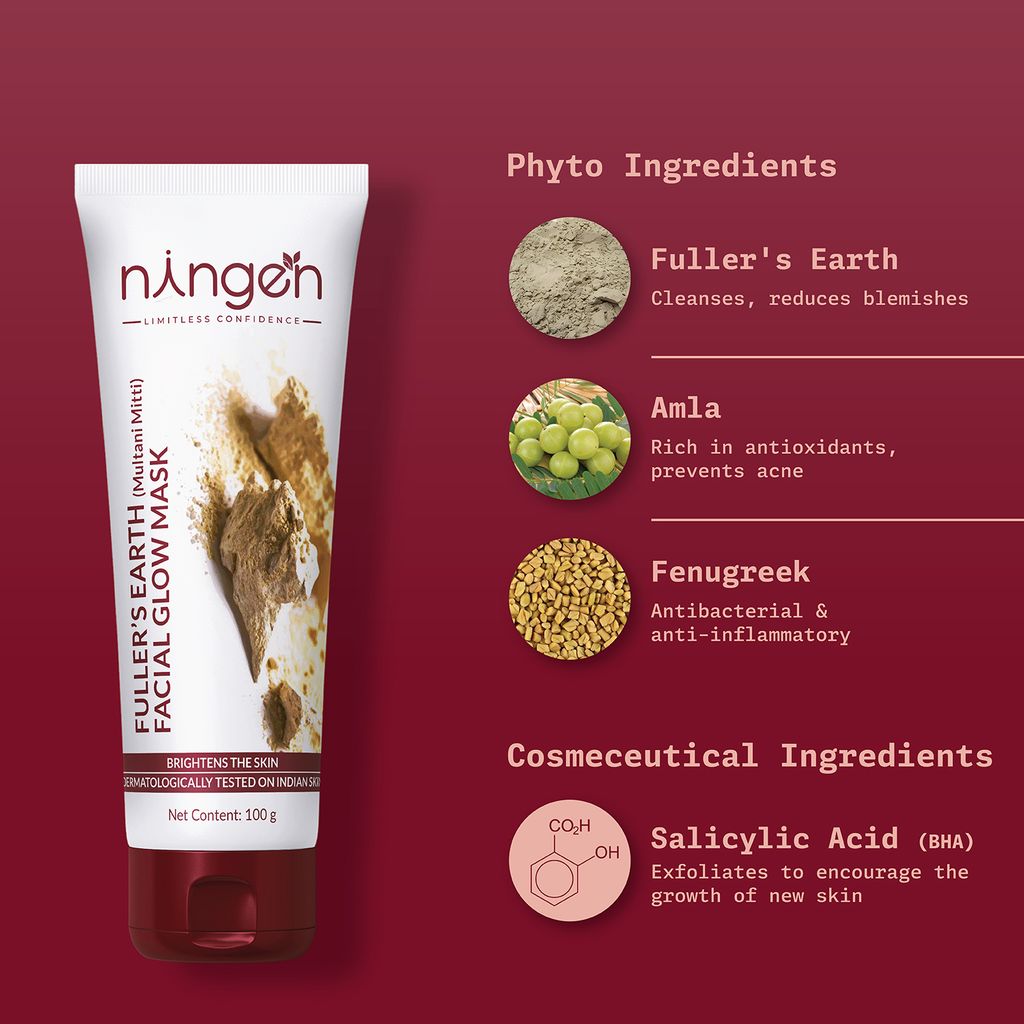 Ningen Fuller's Earth (Multani Mitti) Facial Glow Mask I Infused with Fenugreek and Indian Gooseberry Extracts I Dermatologically Tested, Paraben Free I For Softer and Fuller Skin I 100g