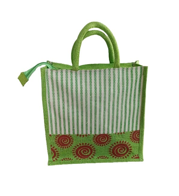 Green Jute Tote Bag with Striped Pattern