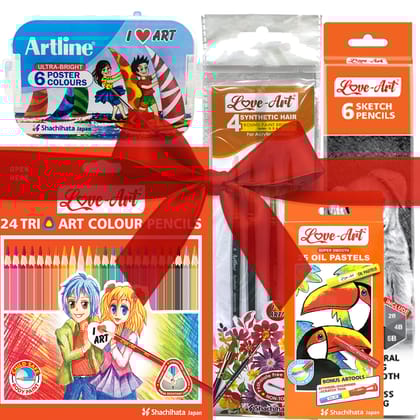 Primary School Colour & Sketch Basket – 24 Colour Pencils, Poster Colours, Sketch Pencils, Paint Brushes, Oil Pastels – Complete Kids Drawing & Painting Art Kit