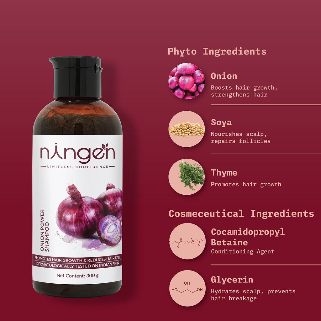 Ningen Onion Hair Shampoo I Contains Soya and Thyme I Dermatologically Tested, Paraben Free I Helps Reduce Hair Fall & Dandruff, Promotes Hair Growth I 200g