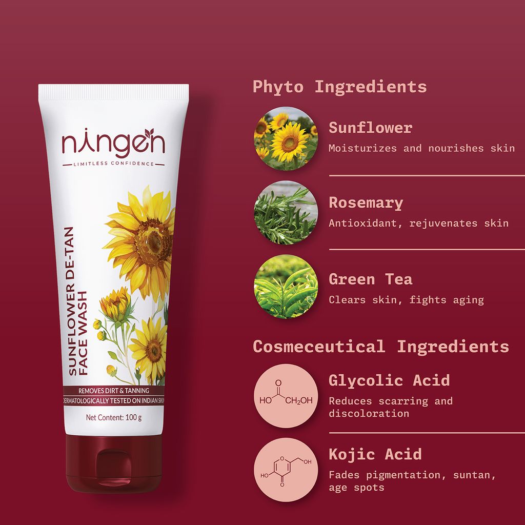 Ningen Sunflower De-tan Face Wash I Rosemary and Green Tea Extract I Dermatologically Tested, Paraben Free I Removes Dirt and Excessive Tan I 100g
