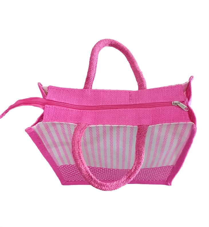 Pink Woven Tote Bag with Zipper Closure
