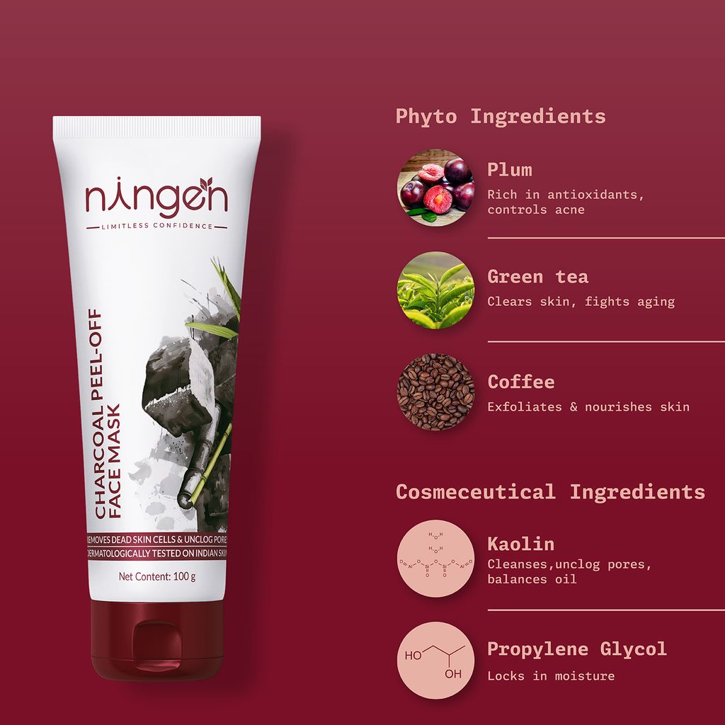 Ningen Charcoal Peel-Off Face Mask I Goodness of Plum, Green Tea, Coffee Extracts I Irritation Free, Paraben Free I Removes Dirt, Toxins and Impurities I 100g
